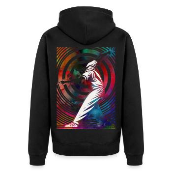 Golfer in einem bunten Strudel - Unisex Premium Bio Zip Hoodie - Schwarz - Hinten - Nico (187cm)