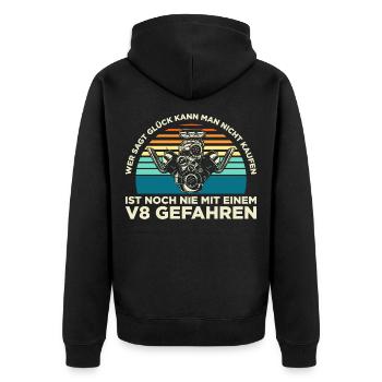 Wer sagt Glück kann man nicht kaufen V8 gefahren - Unisex Premium Bio Zip Hoodie - Schwarz - Hinten - Nico (187cm)