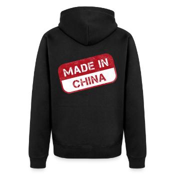 Made in China Briefmarke, um die Globalisierung anzuprangern - Unisex Premium Bio Zip Hoodie - Schwarz - Hinten - Nico (187cm)