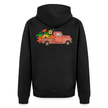 roter Pickup mit bunten Blumen - Unisex Premium Bio Zip Hoodie - Schwarz - Hinten - Nico (187cm)