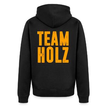 TEAM HOLZ / WALD / KETTENSÄGE / GESCHENK - Unisex Premium Bio Zip Hoodie - Schwarz - Hinten - Nico (187cm)