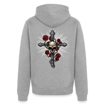 Totenkopf Kreuz | Rosen Tod Religion Musik Dornen - Unisex Premium Bio Zip Hoodie - Grau meliert - Hinten - Nico (187cm)