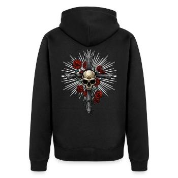 Totenkopf Kreuz | Rosen Tod Religion Musik Dornen - Unisex Premium Bio Zip Hoodie - Schwarz - Hinten - Nico (187cm)