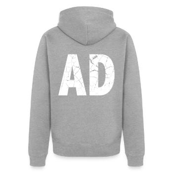 Distressed Vintage AD Schriftzug Werbung - Unisex Premium Bio Zip Hoodie - Grau meliert - Hinten - Nico (187cm)