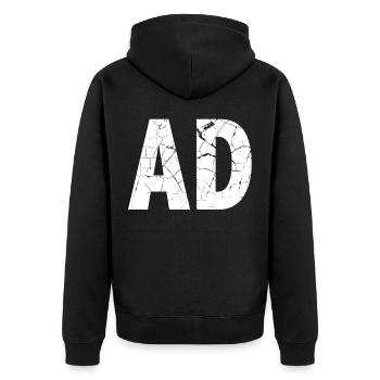 Distressed Vintage AD Schriftzug Werbung - Unisex Premium Bio Zip Hoodie - Schwarz - Hinten - Nico (187cm)