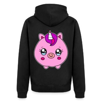 Kleines rundes Einhorn Schwein Kinder Geschenk - Unisex Premium Bio Zip Hoodie - Schwarz - Hinten - Nico (187cm)