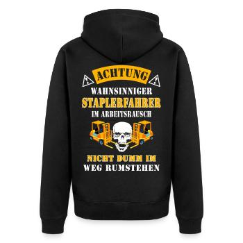 Achtung wahnsinniger Staplerfahrer Geschenkidee - Unisex Premium Bio Zip Hoodie - Schwarz - Hinten - Nico (187cm)
