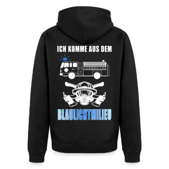Ich komme aus dem Blaulichtmilieu Feuerwehr Spruch - Unisex Premium Bio Zip Hoodie - Schwarz - Hinten - Nico (187cm)