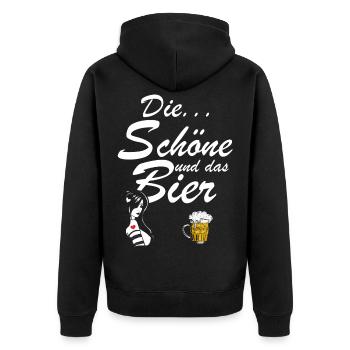 Die Schöne und das Bier Frau Geschenk Spruch - Unisex Premium Bio Zip Hoodie - Schwarz - Hinten - Nico (187cm)