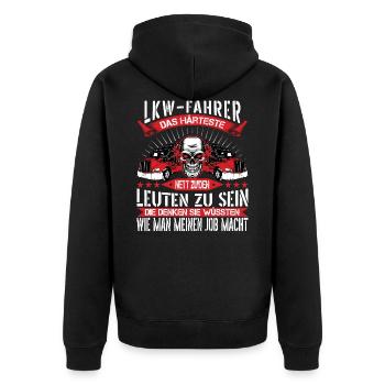 Brummi Fahrer T Shirt mit Deutschen Text 012 - Unisex Premium Bio Zip Hoodie - Schwarz - Hinten - Nico (187cm)