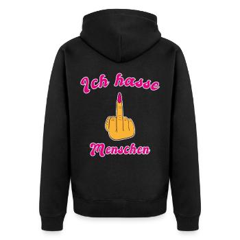 Ich Hasse Menschen Mittelfinger Frau - Unisex Premium Bio Zip Hoodie - Schwarz - Hinten - Nico (187cm)