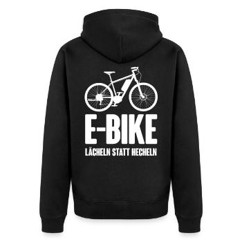 E-Bike - Lächeln statt hecheln - Unisex Premium Bio Zip Hoodie - Schwarz - Hinten - Nico (187cm)
