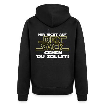 Mir nicht auf den Sack gehen Du sollst! - Unisex Premium Bio Zip Hoodie - Schwarz - Hinten - Nico (187cm)