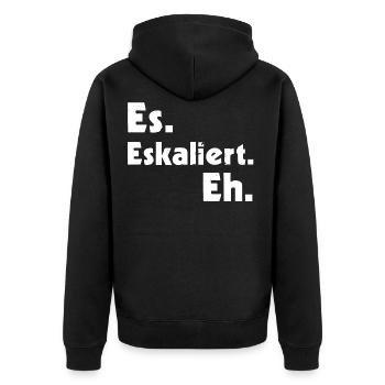 Es. Eskaliert. Eh. - Unisex Premium Bio Zip Hoodie - Schwarz - Hinten - Nico (187cm)