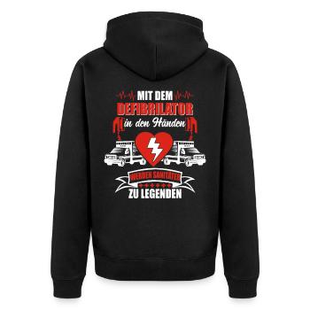 MIT DEM DEFIBRILLATOR IN DEN HÄNDEN - Unisex Premium Bio Zip Hoodie - Schwarz - Hinten - Nico (187cm)