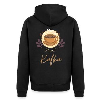 Bücherwurm Zuerst Kafka Kaffeetasse Lyrik - Unisex Premium Bio Zip Hoodie - Schwarz - Hinten - Nico (187cm)