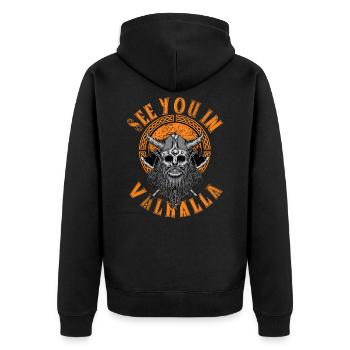See you in Valhalla Wikinger Schädel Axt und Helm - Unisex Premium Bio Zip Hoodie - Schwarz - Hinten - Nico (187cm)