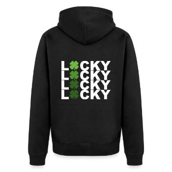 Lucky Kleeblatt klein - Unisex Premium Bio Zip Hoodie - Schwarz - Hinten - Nico (187cm)