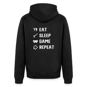 Eat, Sleep, Game, Repeat, Burger, Bett, Controller - Unisex Premium Bio Zip Hoodie - Schwarz - Hinten - Nico (187cm)