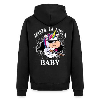 Einhorn Hasta la Vista Baby - Unisex Premium Bio Zip Hoodie - Schwarz - Hinten - Nico (187cm)