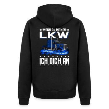 Brummi LKW Fahrer Motiv T Shirt 152 - Unisex Premium Bio Zip Hoodie - Schwarz - Hinten - Nico (187cm)