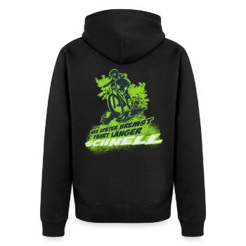 Wer später bremst fährt länger schnell. Downhill - Unisex Premium Bio Zip Hoodie - Schwarz - Hinten - Nico (187cm)