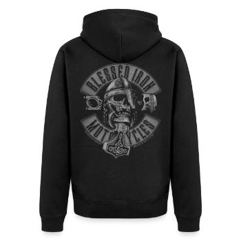 Blessed Iron Motorcycles - Unisex Premium Bio Zip Hoodie - Schwarz - Hinten - Nico (187cm)