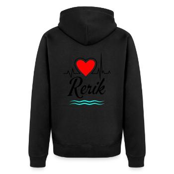 Rerik-Mein Herz schlägt für Rerik-Herzschlag+Welle - Unisex Premium Bio Zip Hoodie - Schwarz - Hinten - Nico (187cm)