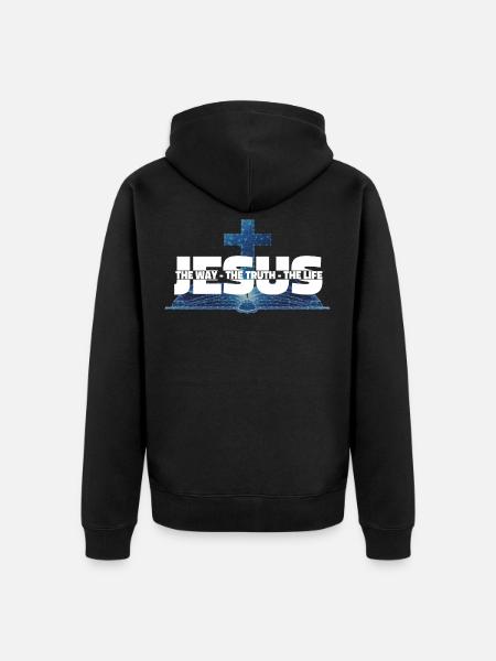 Jeesus Kristus, tapa totuuselämä - Premium unisex luomu-huppari vetoketjulla - musta