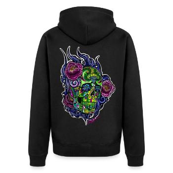 Schädel/abstraktBlüten - Unisex Premium Bio Zip Hoodie - Schwarz - Hinten - Nico (187cm)