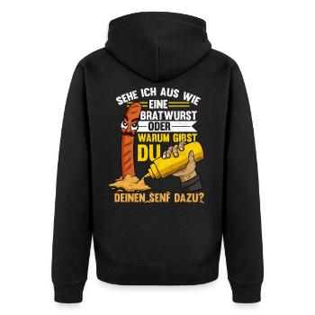 Imbiss Spruch, Senf dazugeben, Bratwurst - Unisex Premium Bio Zip Hoodie - Schwarz - Hinten - Nico (187cm)