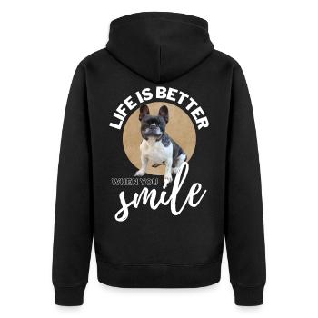 BOULEDOGUE FRANÇAIS - LA VIE est meilleure quand on SOURIT - Veste à capuche bio Premium Unisexe - noir - Dos - Nico (187cm)