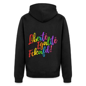 Liberté Egalité Fckafd - Gegen AFD, gegen rechts - Unisex Premium Bio Zip Hoodie - Schwarz - Hinten - Nico (187cm)