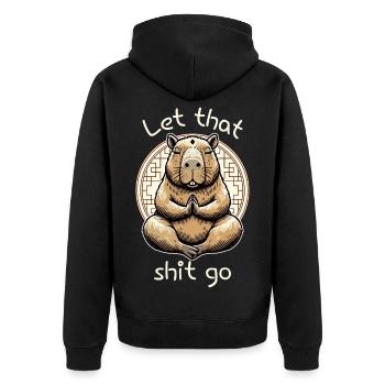 Let That Shit Go – Meditierendes Capybara - Unisex Premium Bio Zip Hoodie - Schwarz - Hinten - Nico (187cm)