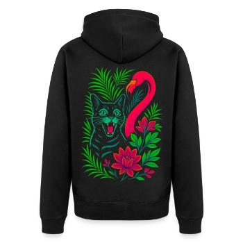 Tropische Katze & Flamingo - Sommer 2025 - Unisex Premium Bio Zip Hoodie - Schwarz - Hinten - Nico (187cm)