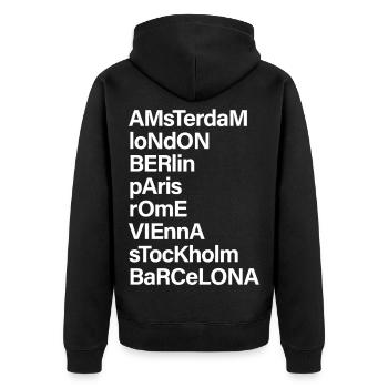 CITY NAMES - Weltreise im Kleiderschrank - Unisex Premium Bio Zip Hoodie - Schwarz - Hinten - Nico (187cm)