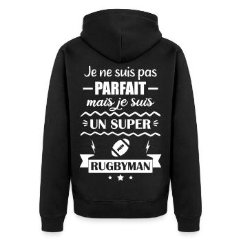 Super Rugbyman Sport Humor Rugby - Unisex Premium Bio Zip Hoodie - Schwarz - Hinten - Nico (187cm)