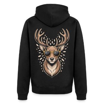 Hirsch mit Geweih und Sonnenbrille - Unisex Premium Bio Zip Hoodie - Schwarz - Hinten - Nico (187cm)