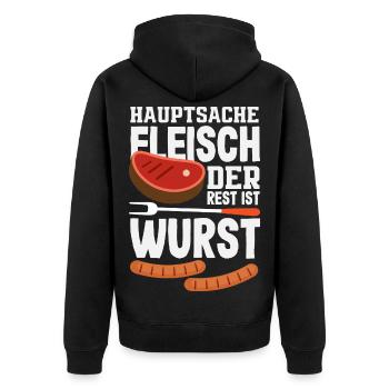 Grillmeister Geschenk Fleisch Wurst & Bier - Unisex Premium Bio Zip Hoodie - Schwarz - Hinten - Nico (187cm)