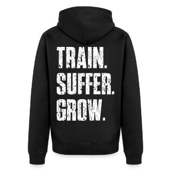 Train Suffer Grow Grunge Motto - White - Unisex Premium Organic Zip Hoodie - black - Back - Nico (187cm)