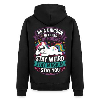 Einhorn – Be a Unicorn, Stay Magical - Unisex Premium Bio Zip Hoodie - Schwarz - Hinten - Nico (187cm)