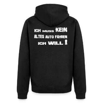 Kein altes Auto 2- Ich muss kein altes Auto fahren - Unisex Premium Bio Zip Hoodie - Schwarz - Hinten - Nico (187cm)