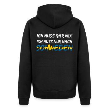 Schweden Ich muss gar nix ich muss nur nach - Unisex Premium Bio Zip Hoodie - Schwarz - Hinten - Nico (187cm)
