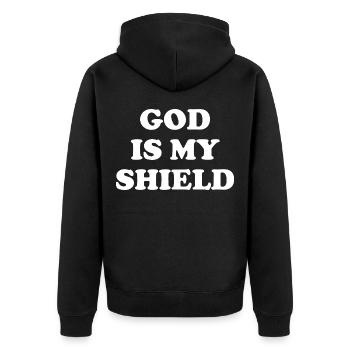 God Is My Shield - Unisex Premium Bio Zip Hoodie - Schwarz - Hinten - Nico (187cm)