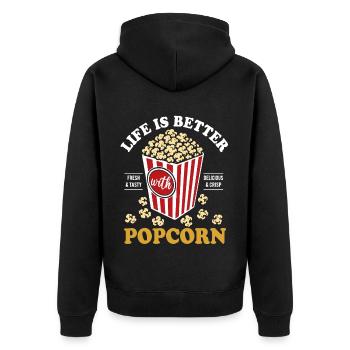 Life is better with Popcorn - knusprig & lecker - Unisex Premium Bio Zip Hoodie - Schwarz - Hinten - Nico (187cm)