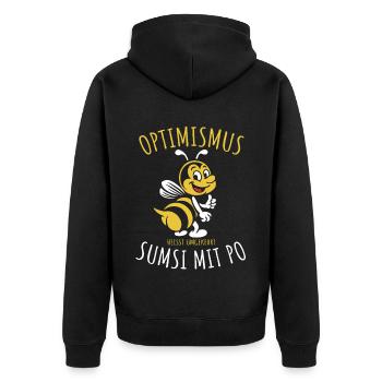 Optimismus heißt umgekehrt Sumsi mit Po - Unisex Premium Bio Zip Hoodie - Schwarz - Hinten - Nico (187cm)