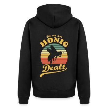 Der mit dem Honig dealt, Imker, Biene, Bienenzucht - Unisex Premium Bio Zip Hoodie - Schwarz - Hinten - Nico (187cm)