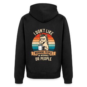 I don't like Morning People - Einhorn mit Kaffee - Unisex Premium Bio Zip Hoodie - Schwarz - Hinten - Nico (187cm)