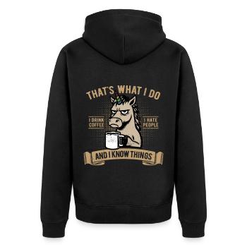 Je bois du café, je déteste les gens et je sais des choses - Veste à capuche bio Premium Unisexe - noir - Dos - Nico (187cm)