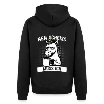 Freches Einhorn - Nen Scheiß muss ich - Kaffee - Unisex Premium Bio Zip Hoodie - Schwarz - Hinten - Nico (187cm)